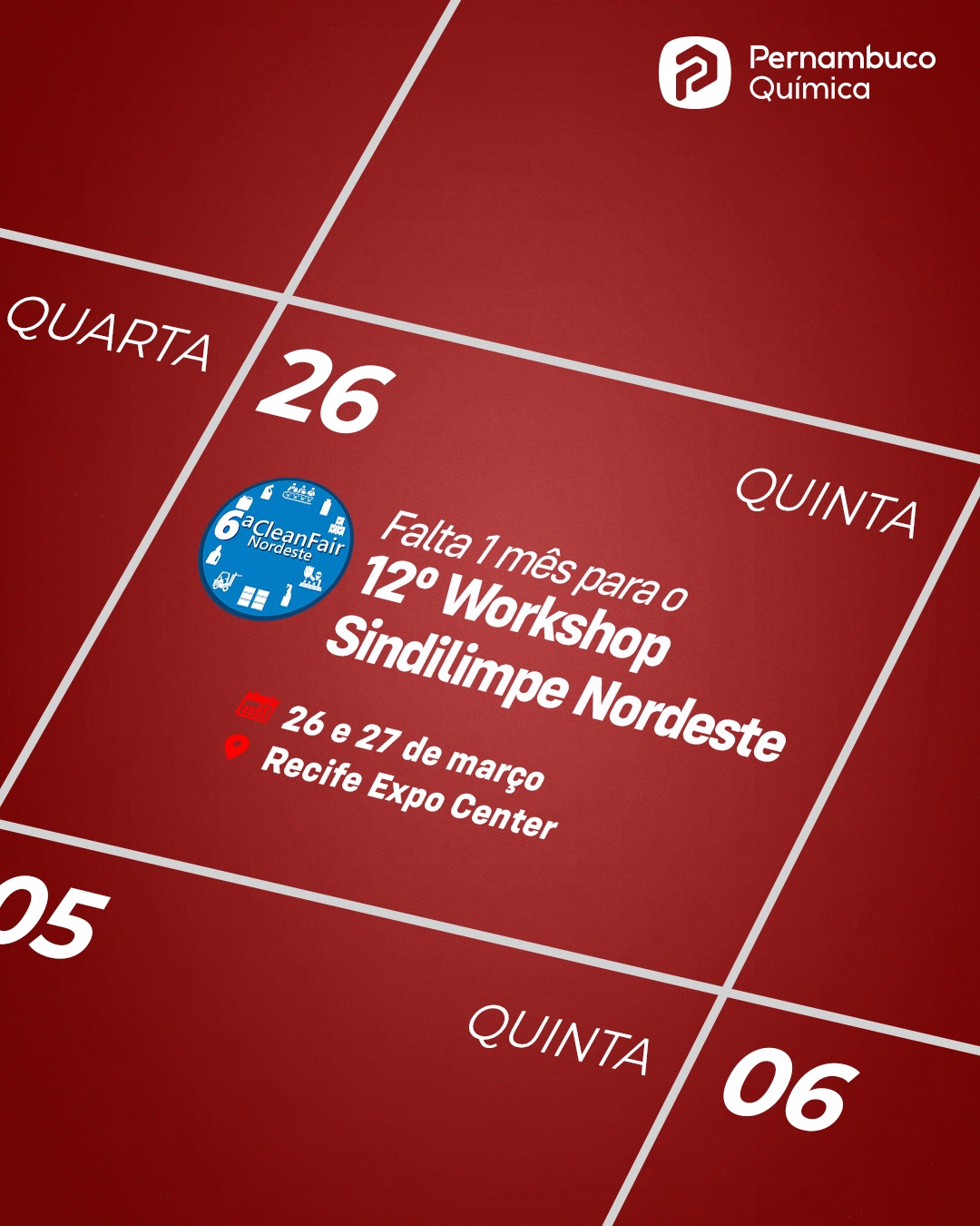 Falta 1 mês para o no 12º Workshop Sindilimpe Nordeste, durante a 6ª Clean Fair Nordeste, um dos principais eventos do setor, e a Pernambuco Química marcará presença para fortalecer conexões, trocar experiências e acompanhar de perto tudo o que movimenta o mercado. Programe-se para nos visitar, conversar com o nosso time. Pernambuco Química, compostos por compromisso e qualidade. #PernambucoQuímica