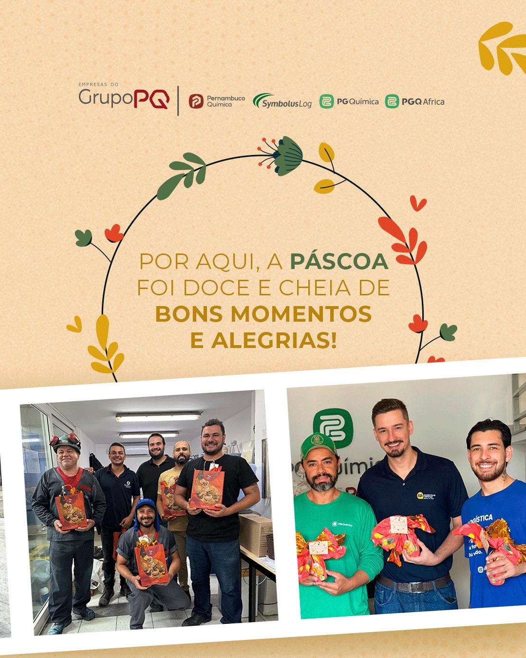 A Páscoa foi um momento de renovação, de leveza e de valorizarmos as pessoas que fazem parte do Grupo PQ. Aproveitamos a data para compartilhar bons momentos, fortalecer relações e, em uma pausa na rotina, vivenciar a dinâmica do abraço, um convite para olhar o outro com mais atenção e reconhecer as qualidades que fazem a diferença no dia a dia. Que o espírito de renovação da Páscoa nos inspire a seguir juntos, com respeito, parceria e muitos resultados pela frente. #GrupoPQ