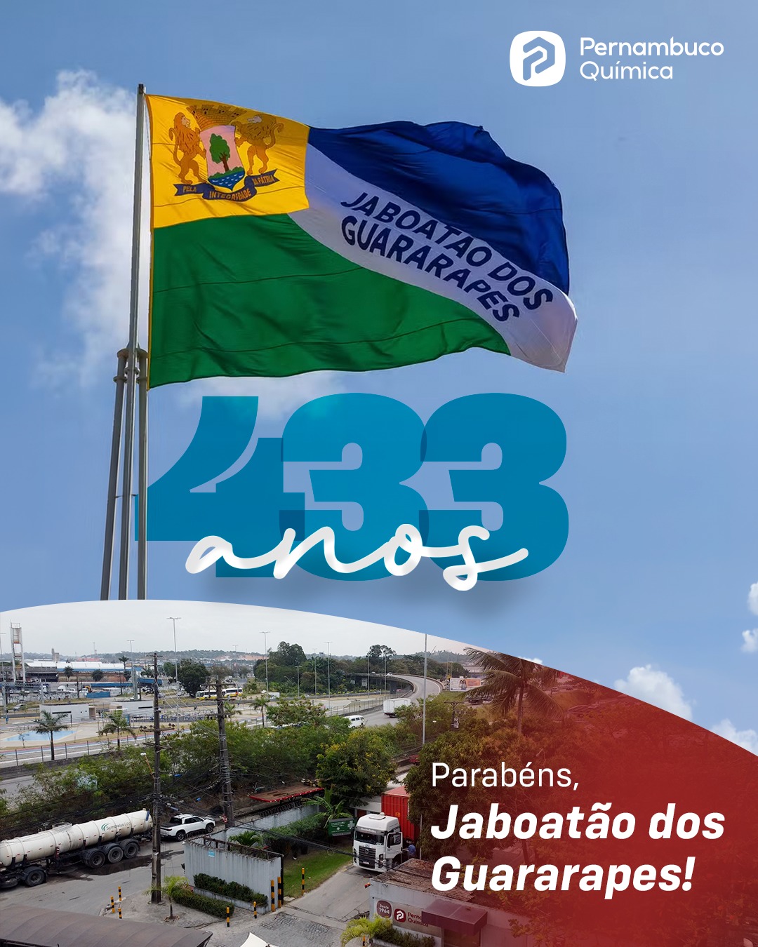 Hoje é dia de reconhecer a história, a força e a importância de Jaboatão dos Guararapes para o desenvolvimento da nossa região. Temos orgulho de estar presentes nesse município que cresce, evolui e movimenta a indústria todos os dias. Seguimos contribuindo com trabalho, responsabilidade e compromisso, fazendo parte dessa trajetória. Parabéns, Jaboatão dos Guararapes! Pernambuco Química, compostos por compromisso e qualidade. #PernambucoQuímica #DiaDoTrabalhador