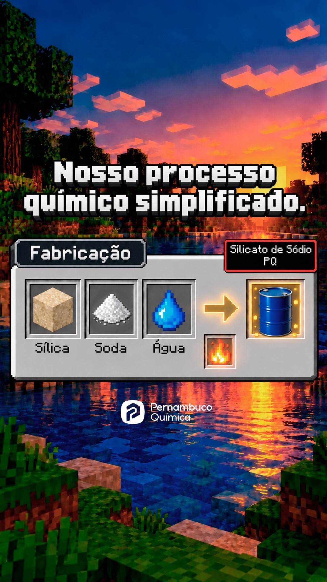 Você nem imagina, mas muitos dos compostos químicos essenciais para o funcionamento da sua operação nascem da junção de elementos super básicos da natureza. Na vida real, essa nossa “bancada de trabalho” é um poderoso forno de fusão. Ao aplicarmos um calor extremo, a areia (sílica), água e a soda se fundem e se transformam no nosso Silicato de Sódio. Esse curinga serve para diversas operações: • Saneantes e Detergentes; • Tratamento de Água; • Papel e Papelão; • Construção Civil; • Fundição e Cerâmica. No jogo, basta juntar os blocos. Na indústria, você precisa de tecnologia, segurança, logística eficiente e um rigoroso controle de pureza. É exatamente aí que a Pernambuco Química entra: para garantir que a matéria-prima da sua produção nunca falte e tenha a qualidade que sua operação merece. Pernambuco Química, compostos por compromisso e qualidade. #PernambucoQuímica